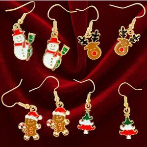 Christmas Character Earrings Set of 4 Gold Tone Red Green Enamel Holiday Jewelry